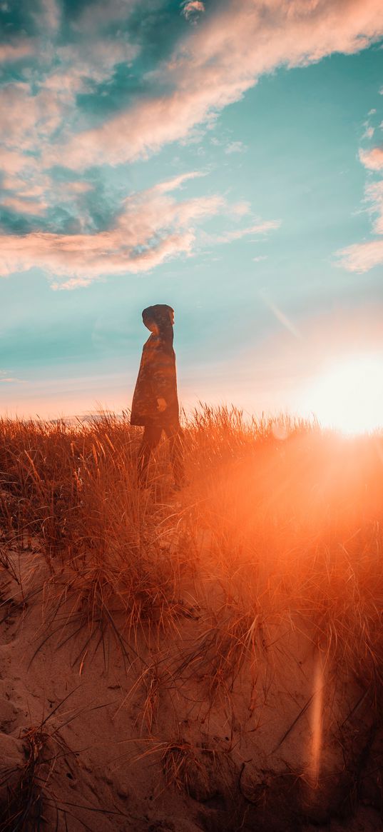 hood, loneliness, sunset, man, grass