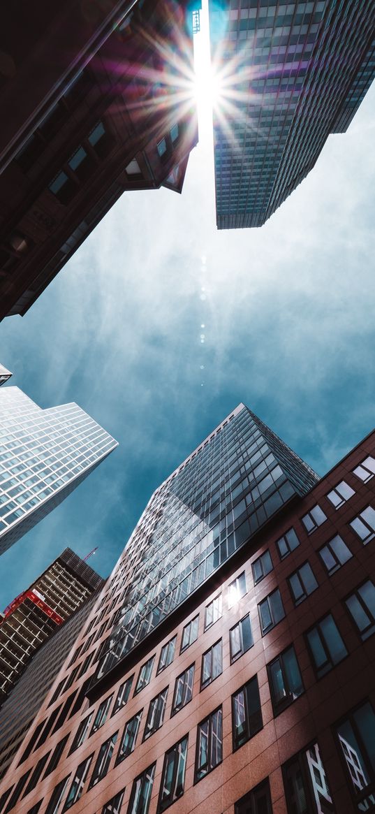 skyscrapers, view from below, sunlight, sky