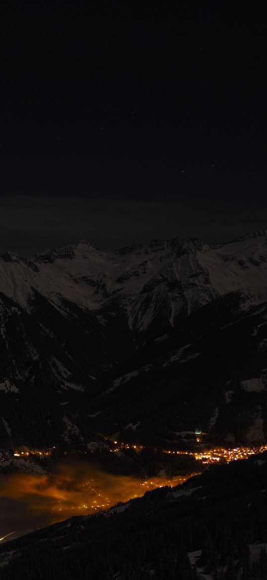 mountains, night, village, light, salzburg, austria