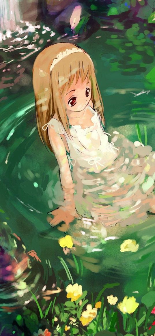 anime, girl, nature, water, sadness