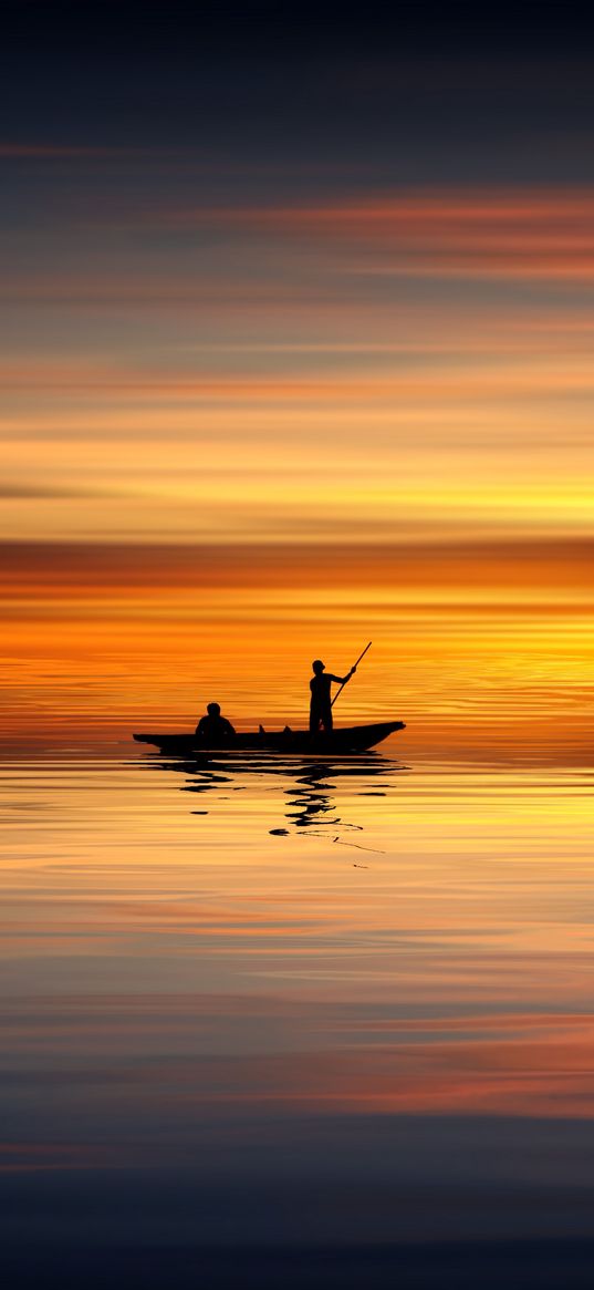 boat, skyline, silhouettes, sunset, sea