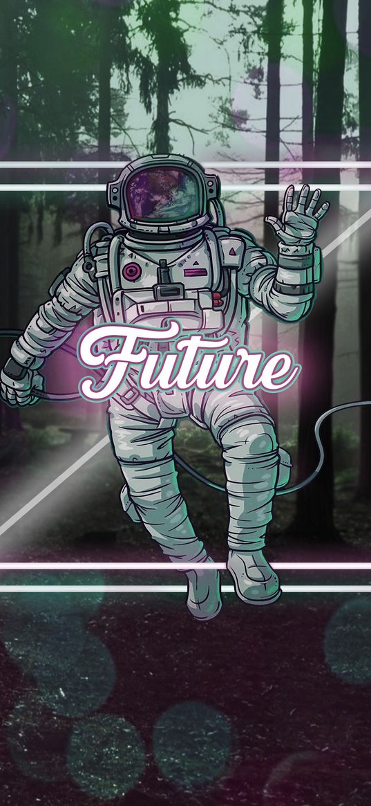 astronaut, spacesuit, art, glare, forest, inscription