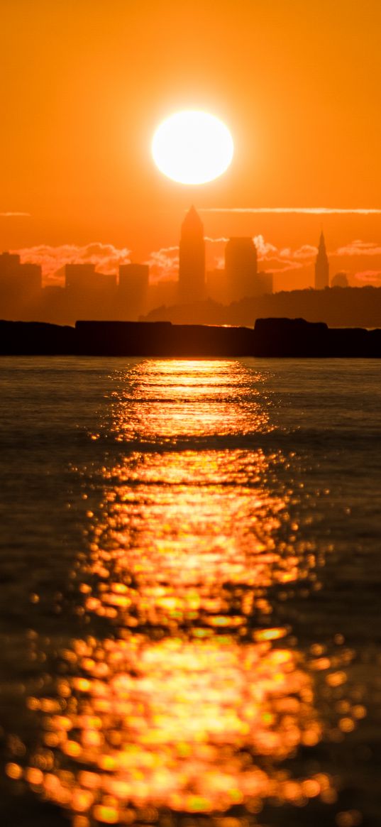 bay, sunset, skyline, city, ohio, usa