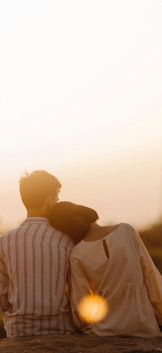 couple, sunset, tenderness, love, sunlight