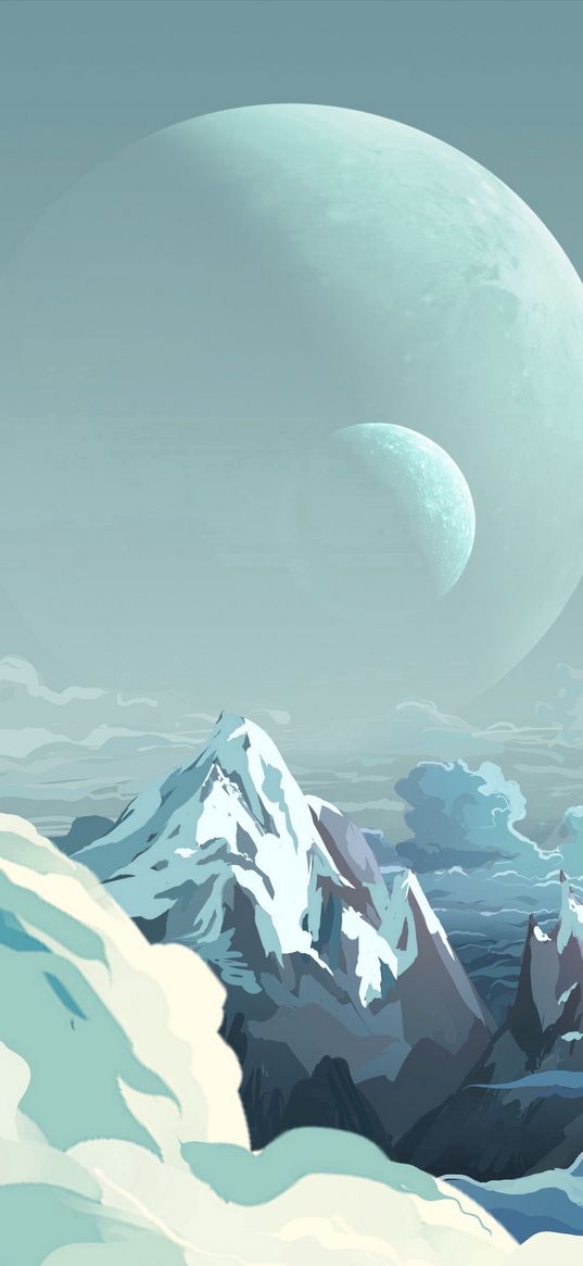 planet, mountains, art, clouds, peaks