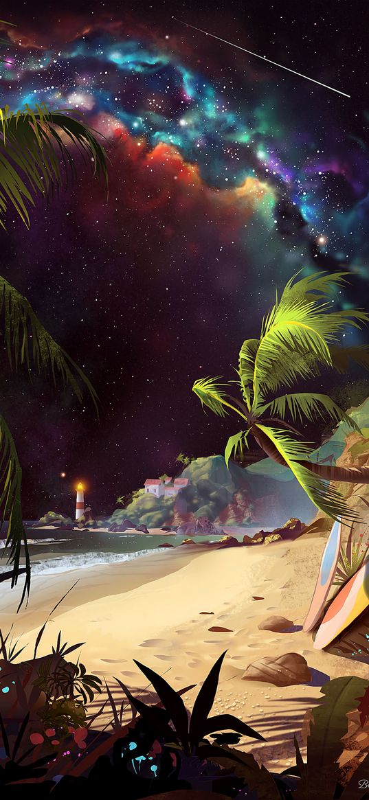 beach, art, palm trees, lighthouse, starry sky, sand