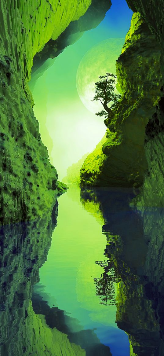 cave, river, tree, reflection, green