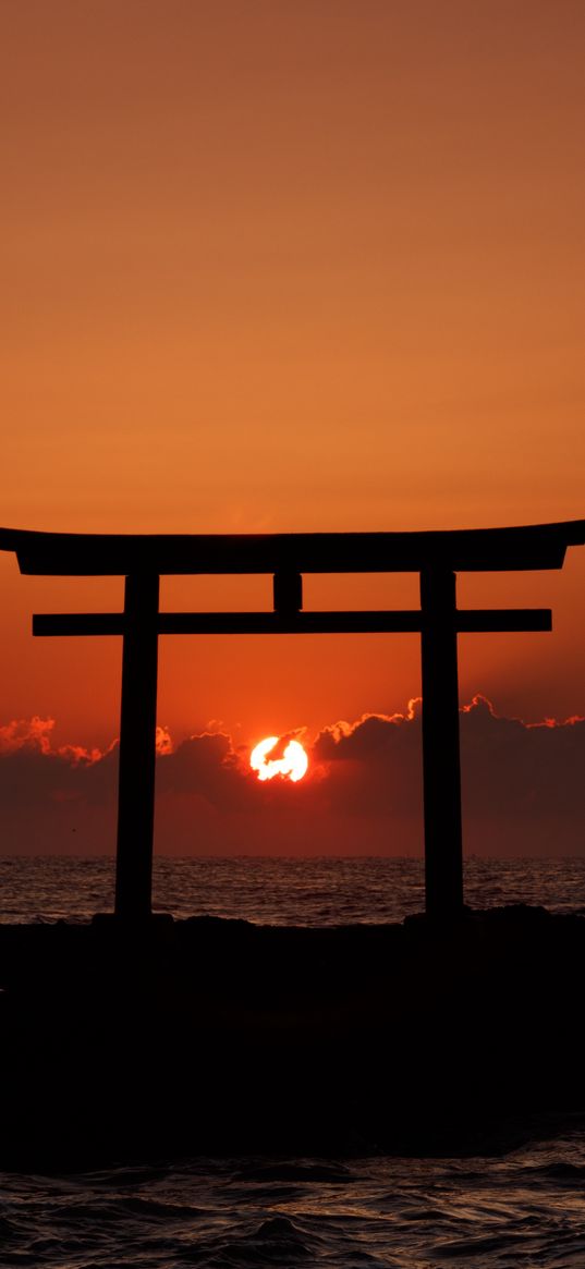 torii, arch, sea, sunset, horizon, sun