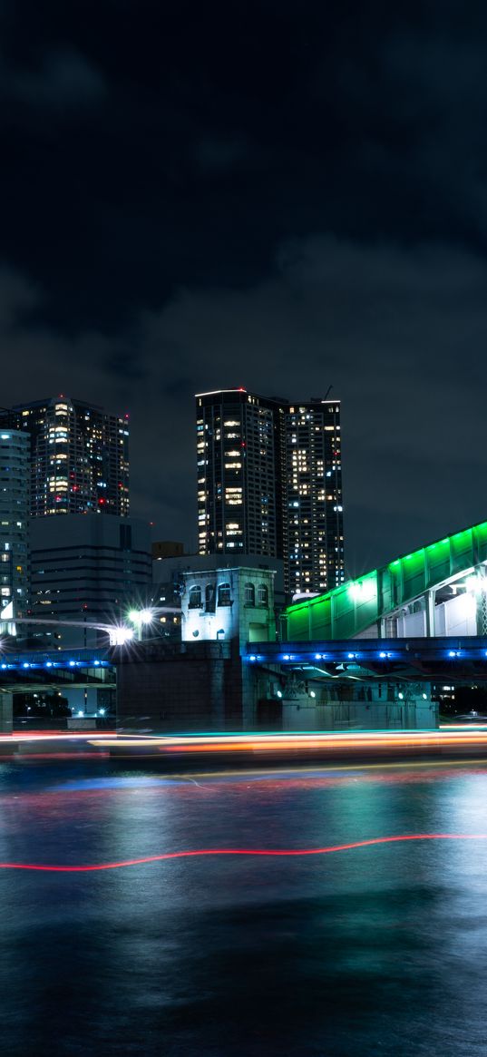 bridge, night city, illumination, city lights, tokyo