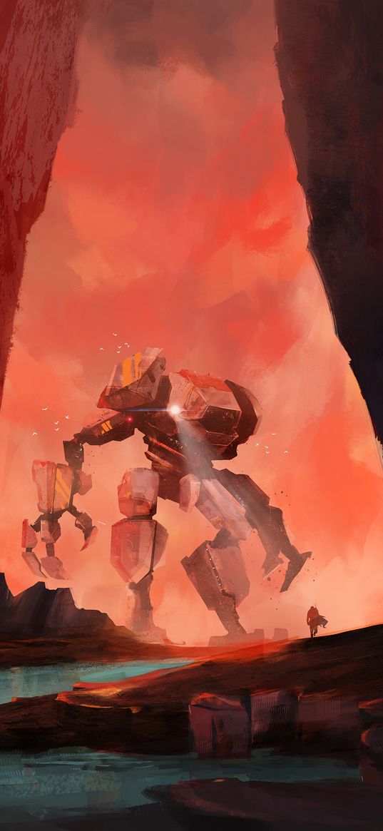 robot, cave, warrior, battle, art