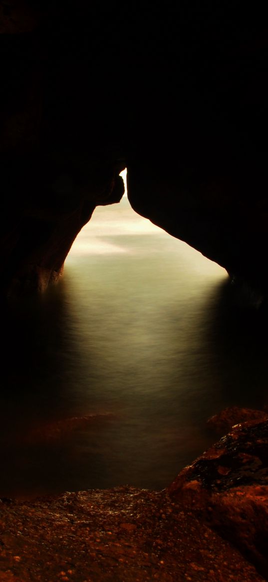 cave, gorge, water, light, dark