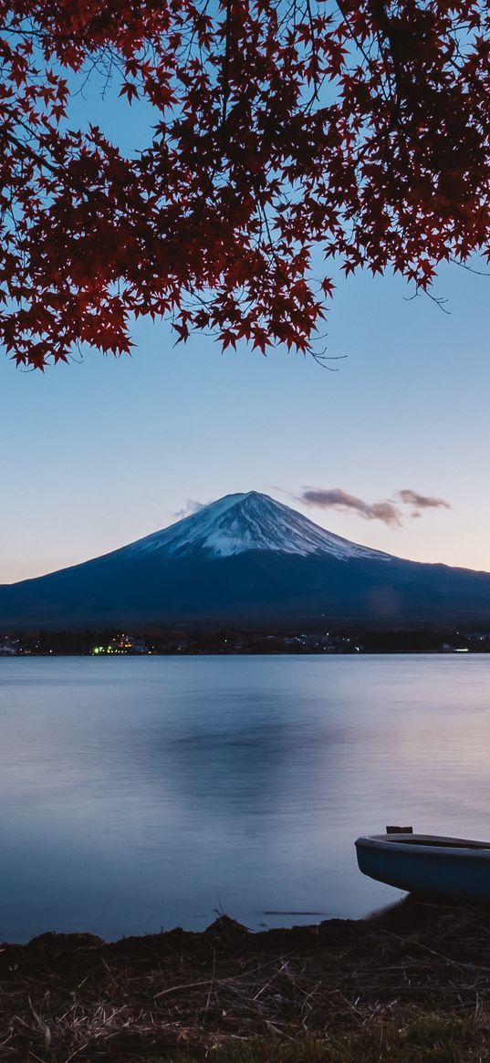 volcano, mountain, lake, tree, autumn