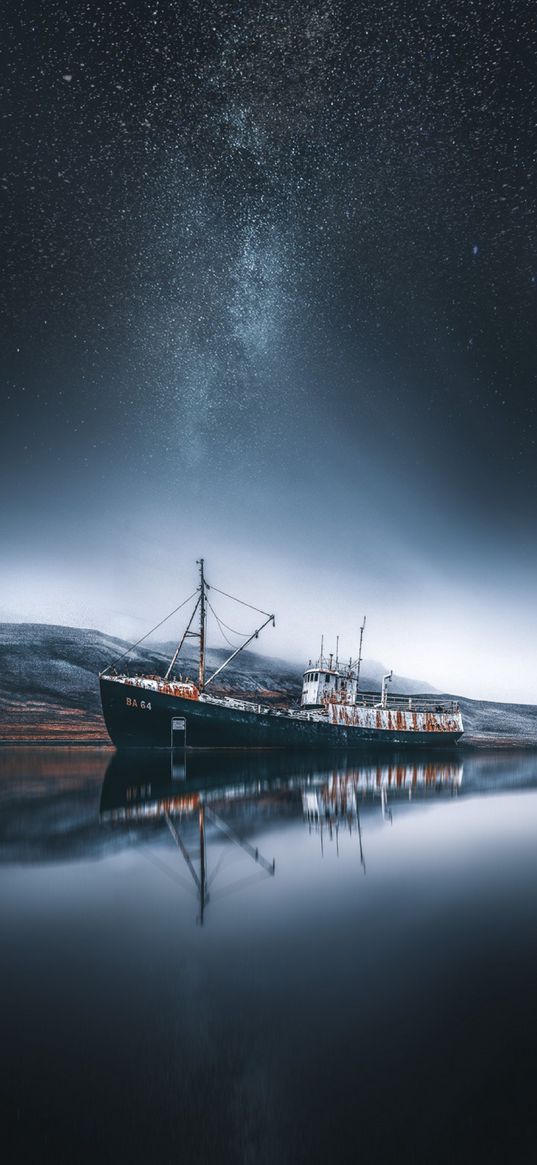 ship, bay, milky way, iceland