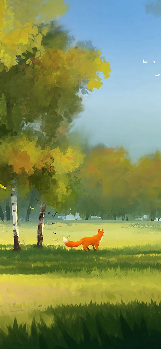 forest, fox, art, glade, trees