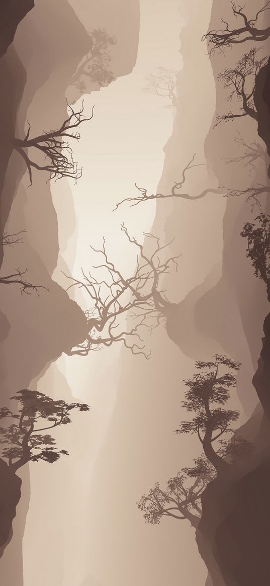 trees, fog, branches, cave, slope