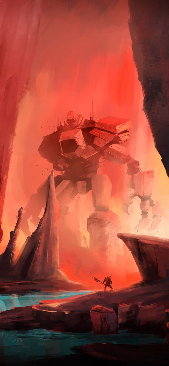 robot, warrior, art, cave, battle