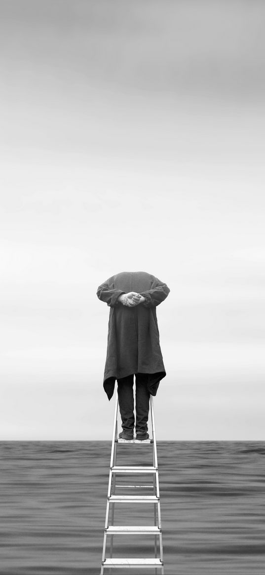 ladder, man, bw, loneliness, minimalism