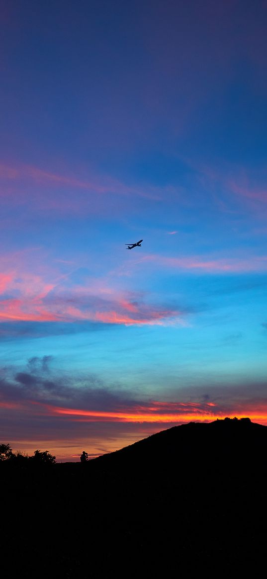 silhouettes, plane, horizon, mountain, sunset, landscape