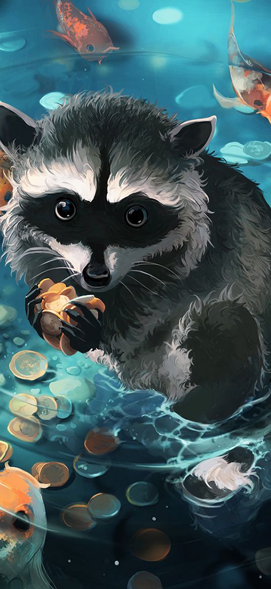 raccoon, art, coins, water