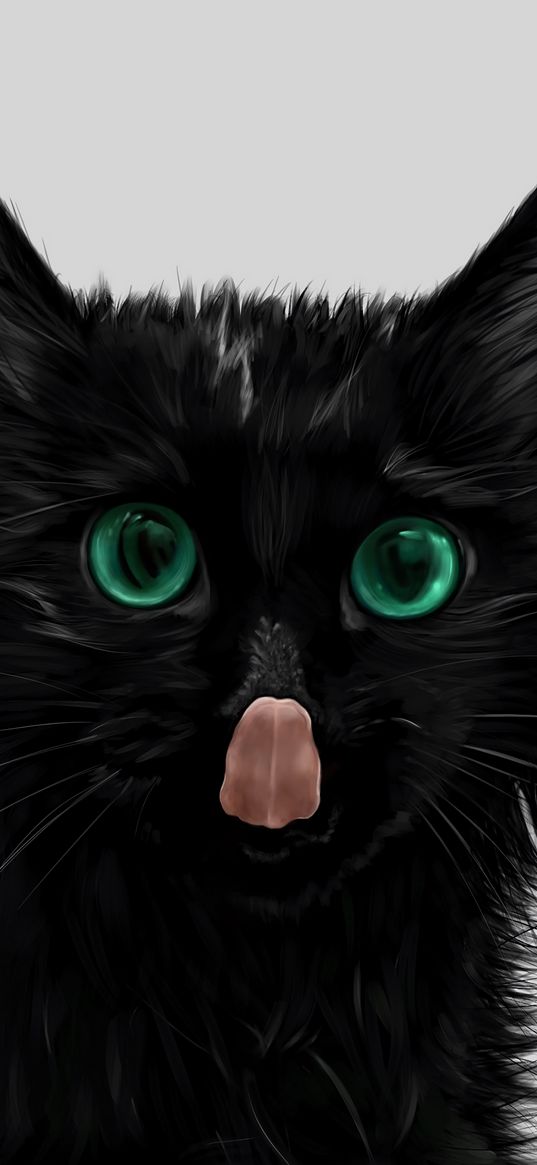 black cat, protruding tongue, green-eyed