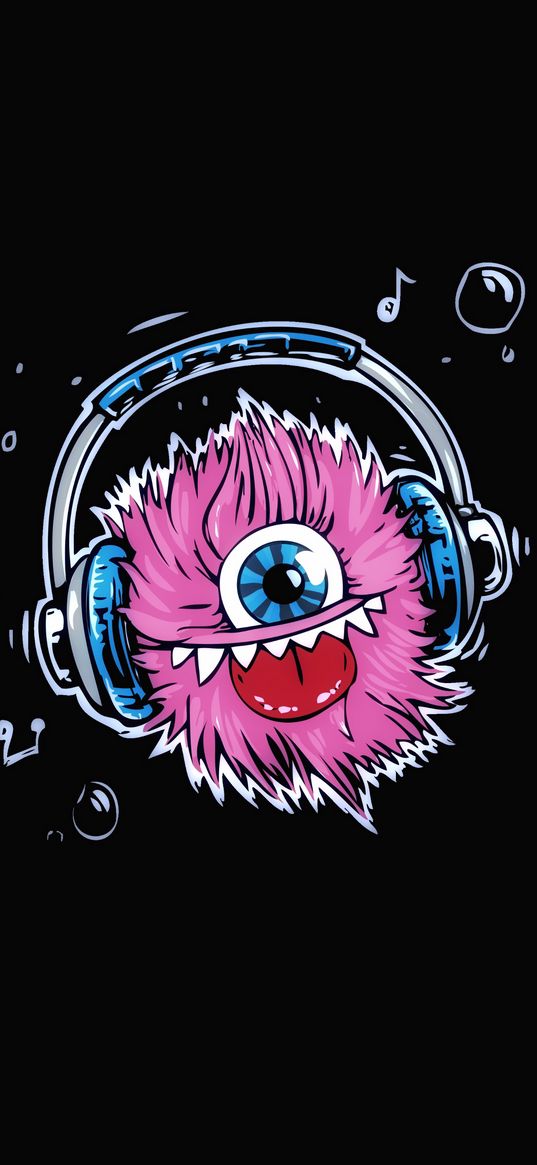 monster, headphones, cute, art, protruding tongue