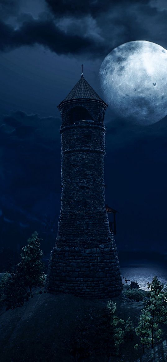 lighthouse, tower, full moon, dark, fantastic, art