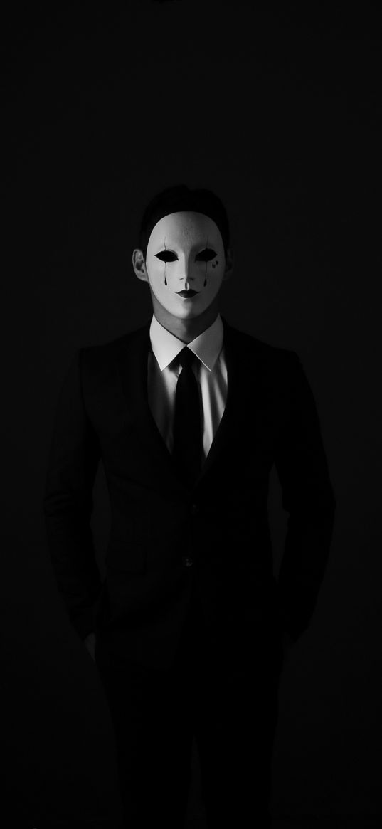 mask, anonymous, bw, tie, suit jacket, shirt