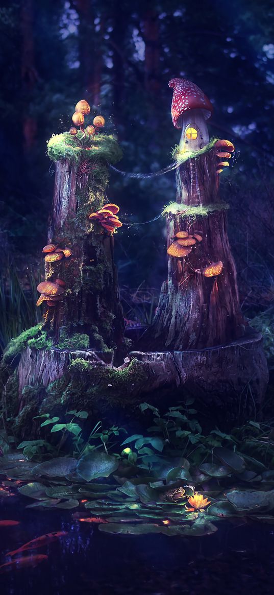 mushrooms, house, fantastic, magic, art