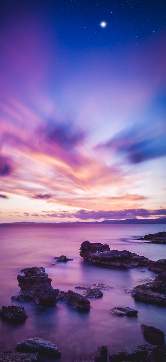 sea, sunset, night, horizon, spain