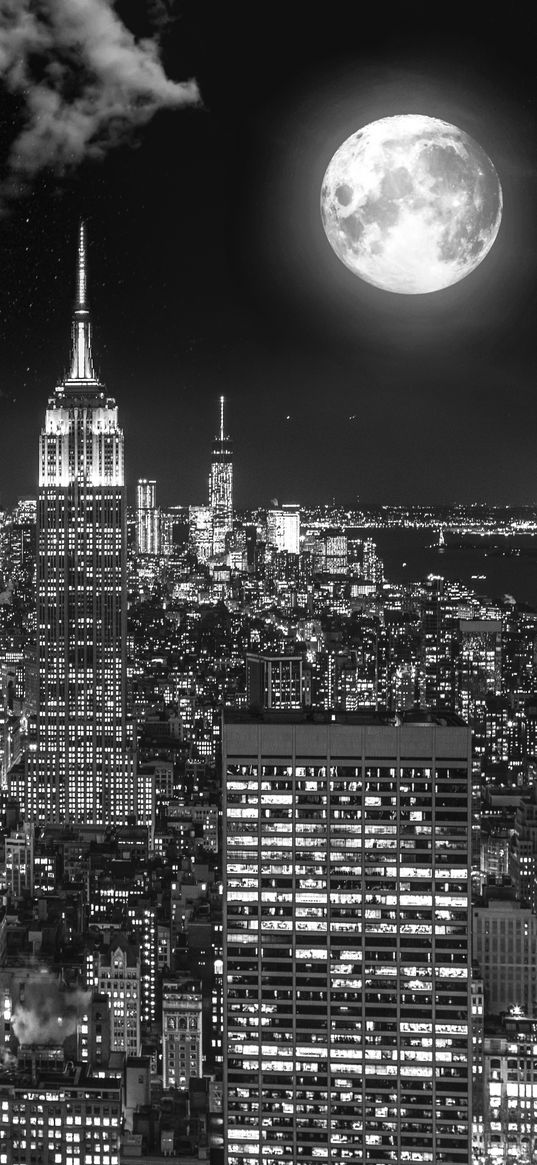 night city, bw, full moon, new york, usa