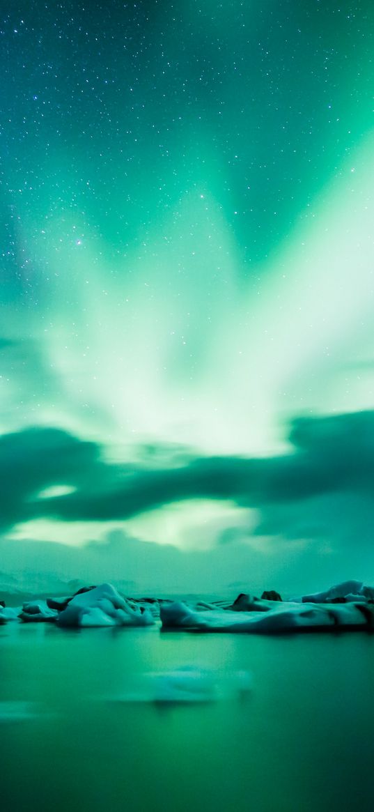 northern lights, aurora, lake, ice, horizon, iceland