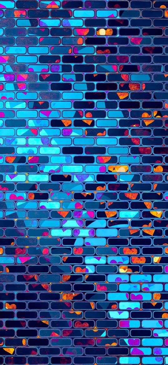 hearts, heart, brick, wall, colorful