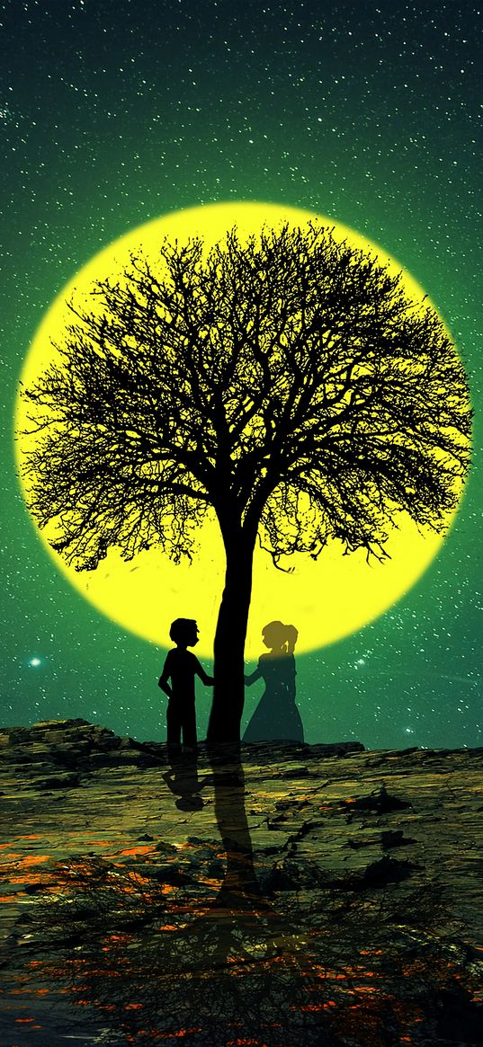 silhouettes, love, tree, night