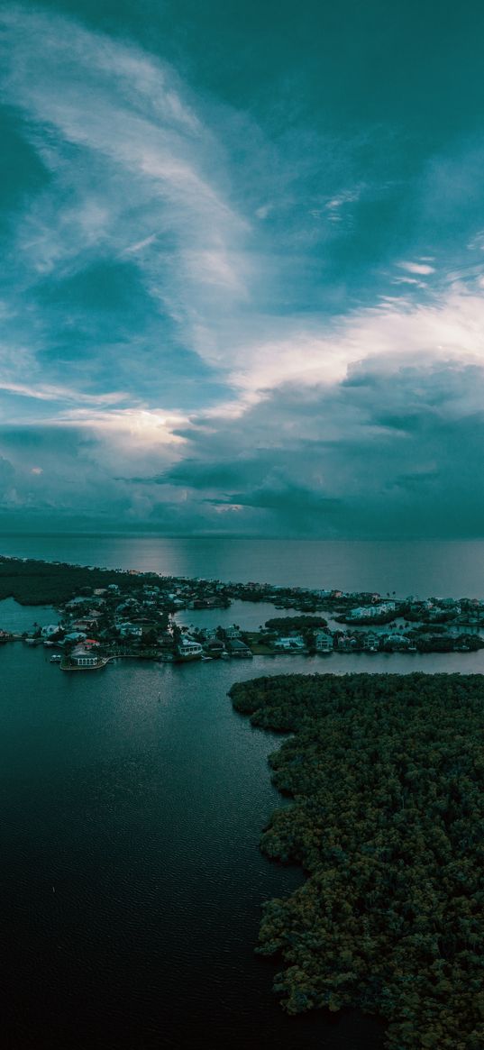 ocean, island, aerial view, trees, horizon, sunset