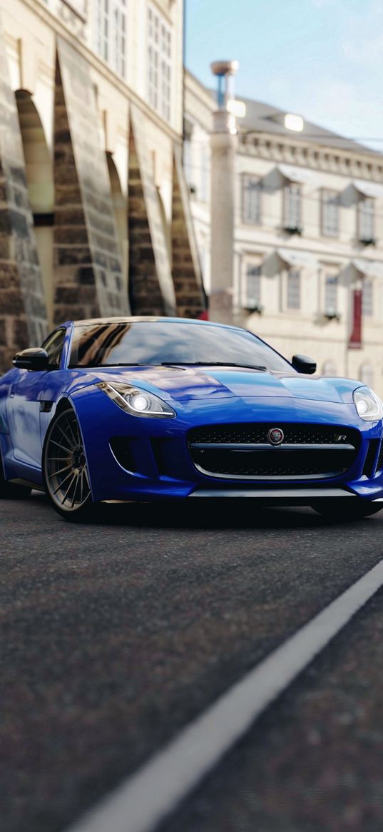 jaguar f-type, jaguar, sports car, race, blue, front view