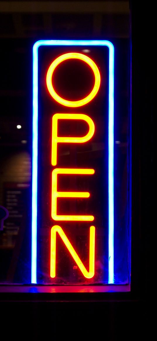 open, neon, sign, inscription