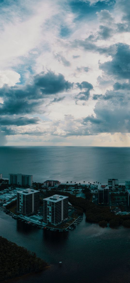 island, city, aerial view, clouds, sea, ocean, twilight