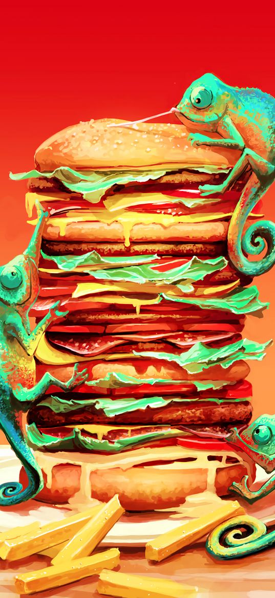 hamburger, chameleons, art, fast food