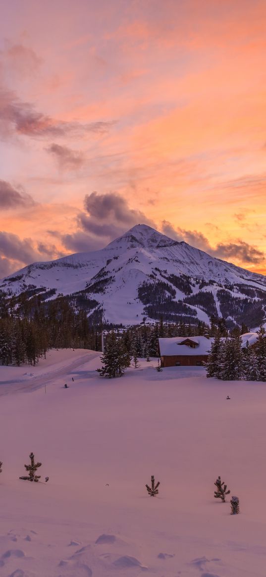 mountain, snow, winter, sunset, montana