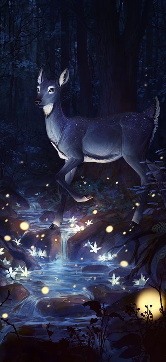 deer, forest, art, fireflies, river