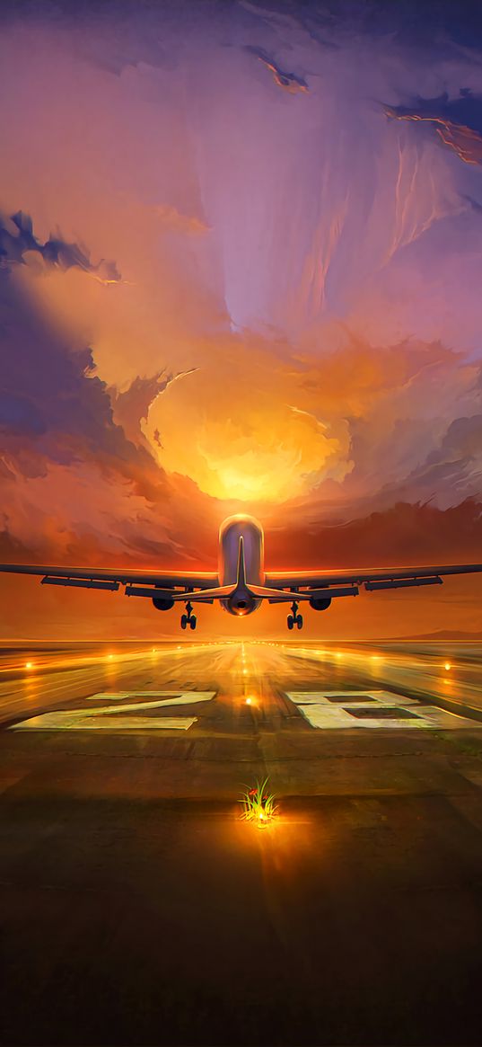 plane, runway, art, sunset, sky