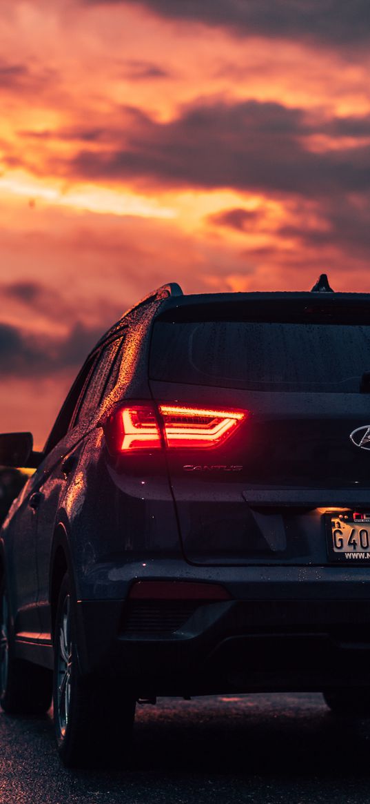 hyundai, sunset, lights, suv