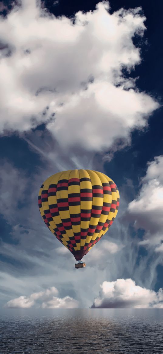 air balloon, aerostat, sea, horizon, clouds