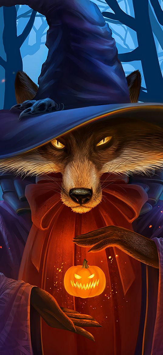 fox, magician, halloween, pumpkin, hat, magic, art