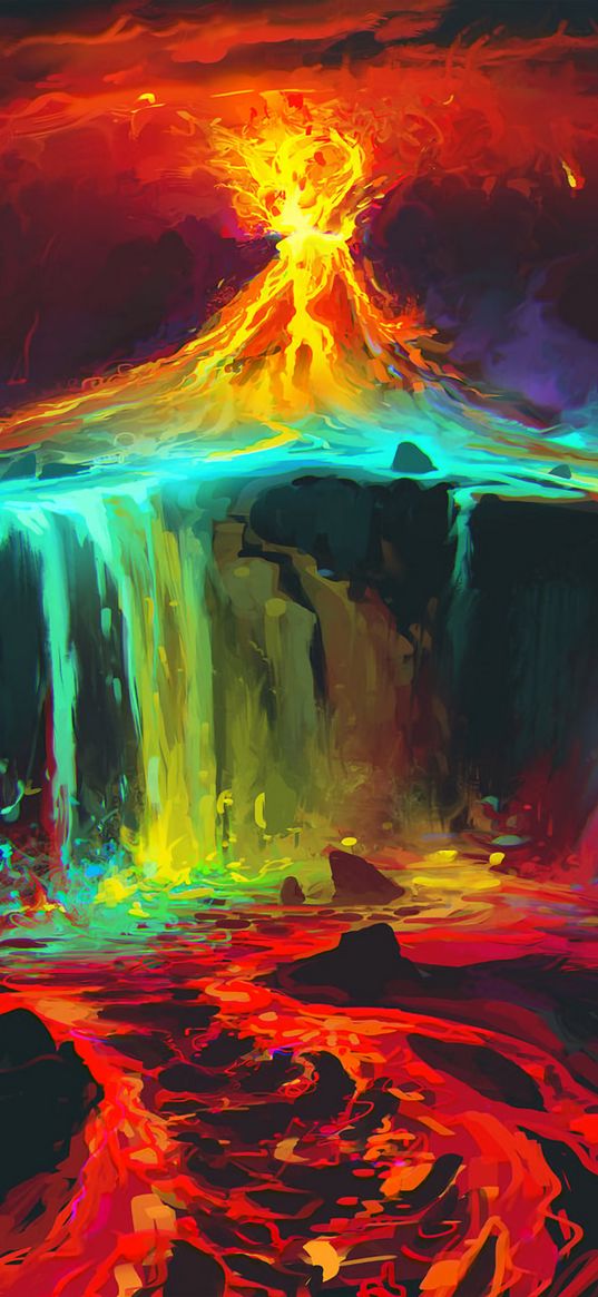 volcano, lava, art, paint, colorful