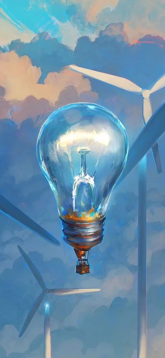 light bulb, surrealism, windmills, air balloon, aerostat