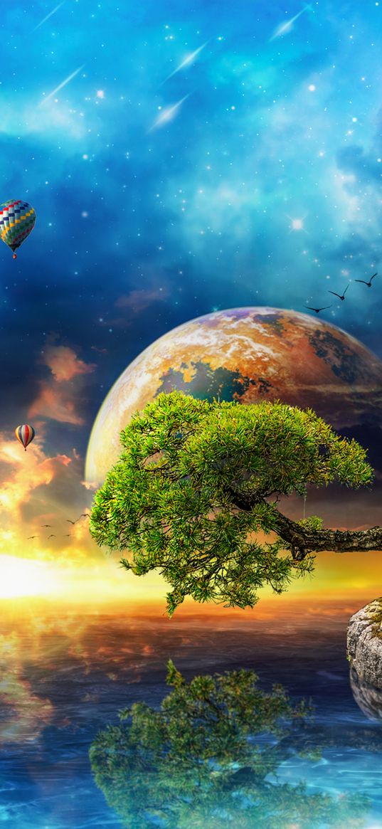 tree, planet, air balloons, fantasy