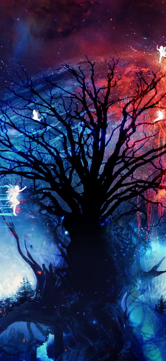 tree, fairies, art, silhouettes, night