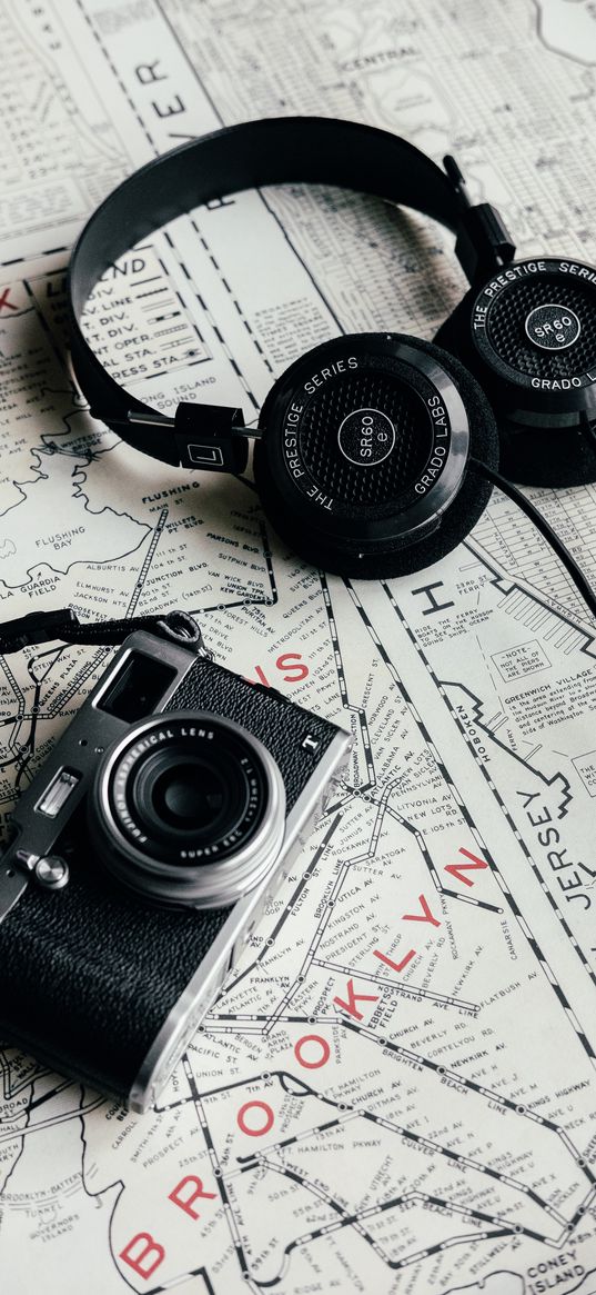 headphones, camera, map, travel