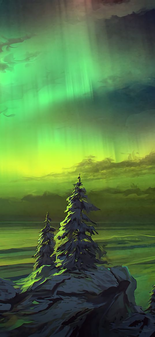 northern lights, trees, snowy, art